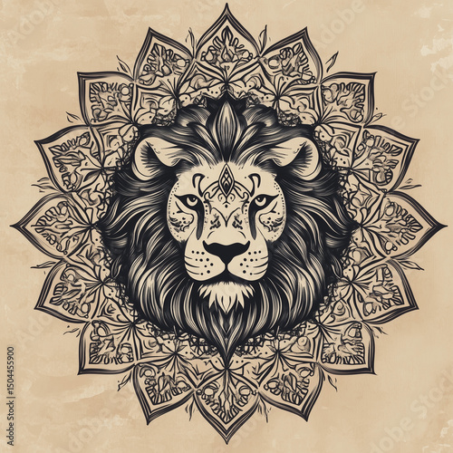 Intricate lion illustration with mandala pattern on aged background  