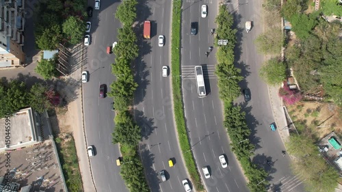 Drone Shot of a Highway – Aerial View of Modern Road Infrastructure with Moving Vehicles, Expressway Lanes, and Scenic Landscape from Above in India
