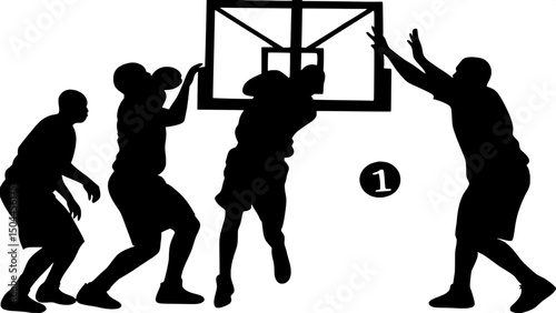 "Graphic black-and-white basketball scene featuring dynamic silhouettes of players in varied poses, centered around a hoop and backboard. A lone basketball rests at the bottom center, with jersey numb