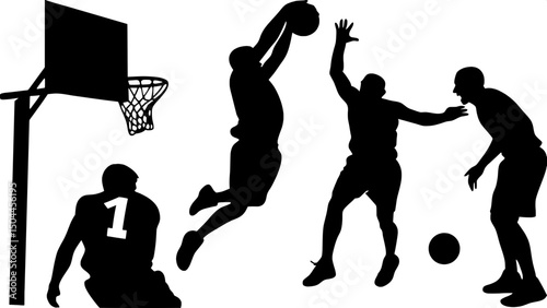 "Graphic black-and-white basketball scene featuring dynamic silhouettes of players in varied poses, centered around a hoop and backboard. A lone basketball rests at the bottom center, with jersey numb