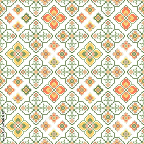  Geometric pixel art pattern. Abstract pixel art geometric pattern design for fabric, carpet, tile, clothing, embroidery, needlepoint and background. Vector pixel art seamless motif Native American 