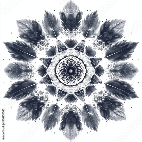 Intricate mandala pattern with feathers and leaves in black and white  