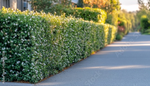 Manicured hedge with tiny white flowers creating a beautiful garden border