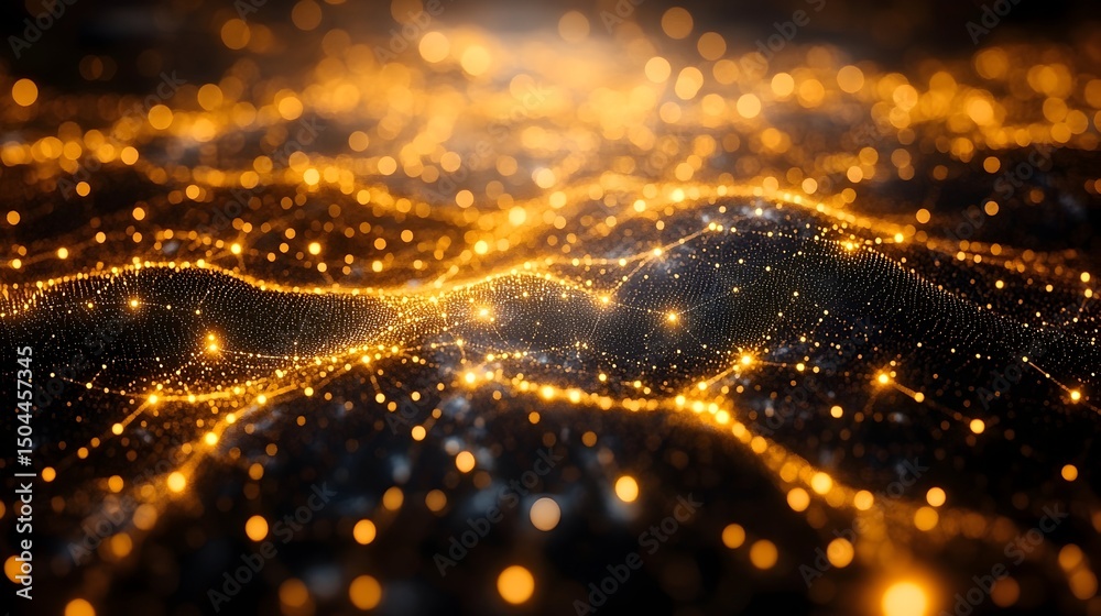 Naklejka premium Abstract digital landscape of undulating golden particles connected by a fine mesh, glowing brightly against a dark background. The bokeh effect creates a sense of depth and luminosity