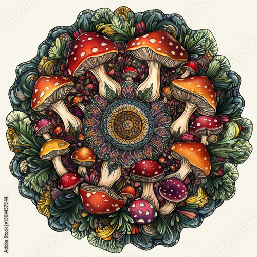 Intricate mandala design featuring colorful mushrooms and foliage  