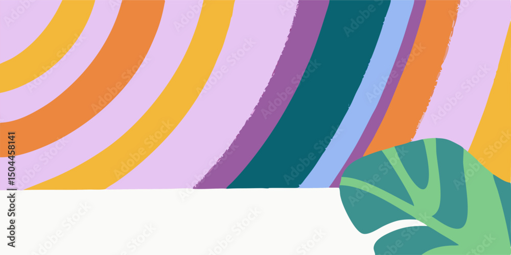Obraz premium Abstract Rainbow Stripes Background with Tropical Leaf