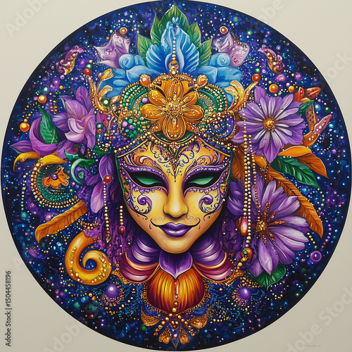 Colorful Mardi Gras mask artwork with floral motifs and beads  