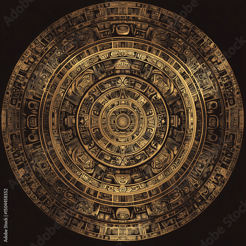 Intricate Mayan calendar mandala pattern in gold on dark background  