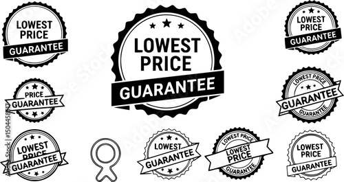 Lowest price guarantee logo, label, badge, icon, sticker, symbol, emblem, stamp, circle, black, line, flat vector, isolated illustration. Lowest price guarantee label for product packaging design.
