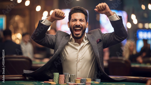 A joyful Middle Eastern man jumping in the air to celebrate a big win in a casino. Flying poker chips and warm, dramatic lighting emphasise the emotion of success and excitement