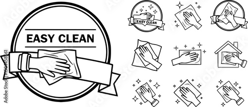 Easy clean icon set. Hand with napkin wiping a surface. Housekeeping symbol. Easy clean logo, label, badge, symbol, banner, circle, black, line, vector, isolated illustration. Cleaner service logo.