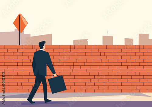 Businessman facing brick wall obstacle on city street with briefcase and warning sign symbolizing career challenges and roadblocks in flat vector style
