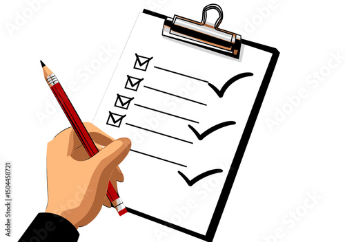 Hand holding red pencil marking checkboxes on checklist clipboard completing task concept for project management and organization efficiency illustration