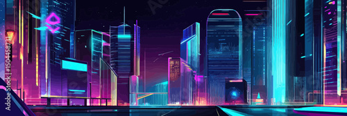 Futuristic neon city skyline with glowing skyscrapers and cyberpunk style illuminated urban landscape at night