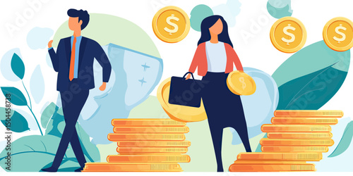 Business man woman standing near stacks of gold coins with dollar symbols in flat minimalist vector style financial growth investment concept