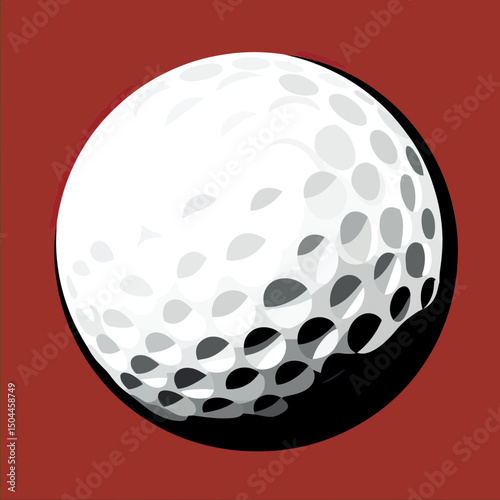Close-up flat minimalist vector illustration of white golf ball with dimples casting shadow on red background for sports and leisure concept design