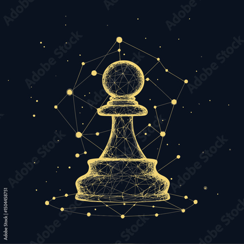 Wireframe chess pawn with glowing nodes and connecting lines abstract polygonal low poly design on dark background futuristic strategy concept