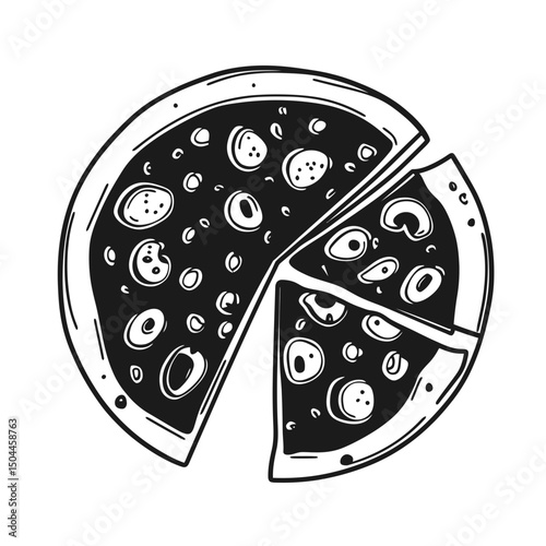 Black and white vector illustration of whole pizza with two slices separated showing assorted toppings in flat minimalist style isolated on white background