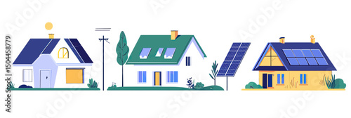 Sustainable energy homes with solar panels green technology eco friendly electricity saving residential houses vector illustration