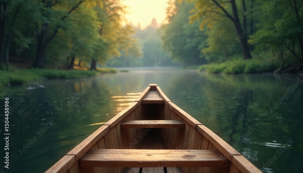 Obraz premium Wooden canoe on tranquil river during peaceful summer evening. Rich green forest with trees around water. Relaxing sunset, nature. Travel, recreation, outdoor activities, escape, vacation.