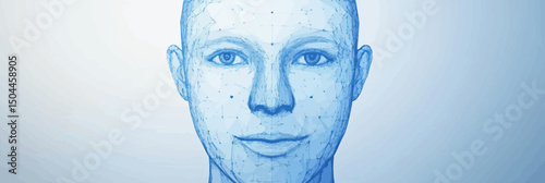 3D polygonal mesh human face front view digital wireframe structure technology concept biometric facial recognition system illustration