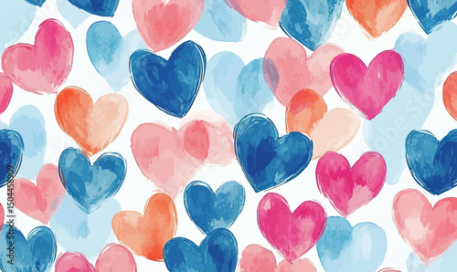 Seamless watercolor heart pattern background with pink blue red orange romantic love shapes in flat minimalist style for valentines day design decor