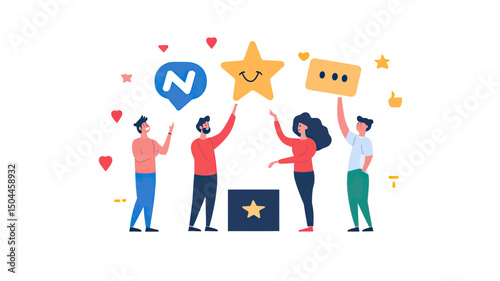 Diverse people giving positive and neutral feedback with star rating and chat icons in flat minimalist vector style customer review concept illustration
