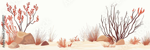 Minimalist western desert landscape with dry tumbleweeds, rolling bushes, rocks, sandy soil, and sparse dead plants in flat vector style illustration