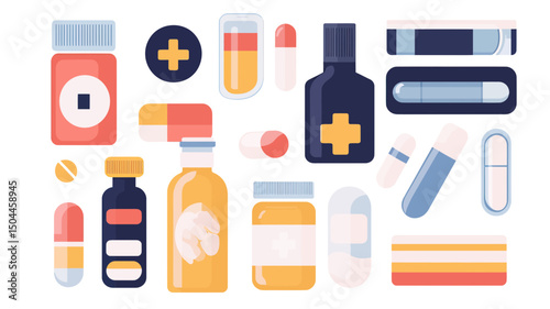 Flat minimalist vector illustration of various medicine bottles, pills, capsules, tablets, and pharmaceutical containers in bright colors on white background
