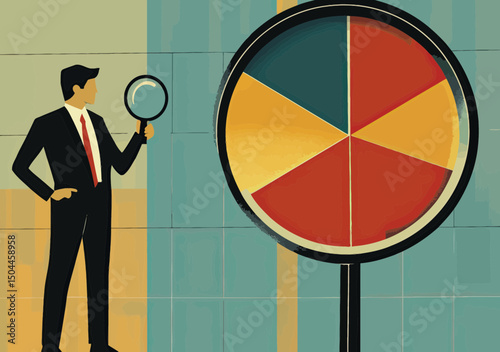 Businessman analyzing colorful pie chart data with magnifying glass for financial and market research visualization in flat vector style
