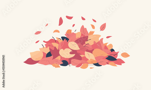 Pile of colorful autumn leaves in shades of red orange and yellow falling and scattered isolated flat minimalist vector illustration on light background