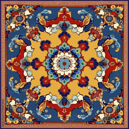Mongolian steppe mandala seamless cultural ornament in vibrant colors  