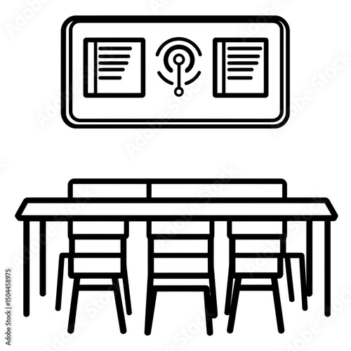 Classroom study table with three chairs and digital interactive whiteboard icon in black line art flat minimalist style for education and learning concept vector illustration