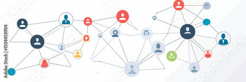 Abstract social network connections with colorful user icons linked by lines representing online communication and business networking concept in minimalist flat style vector illustration
