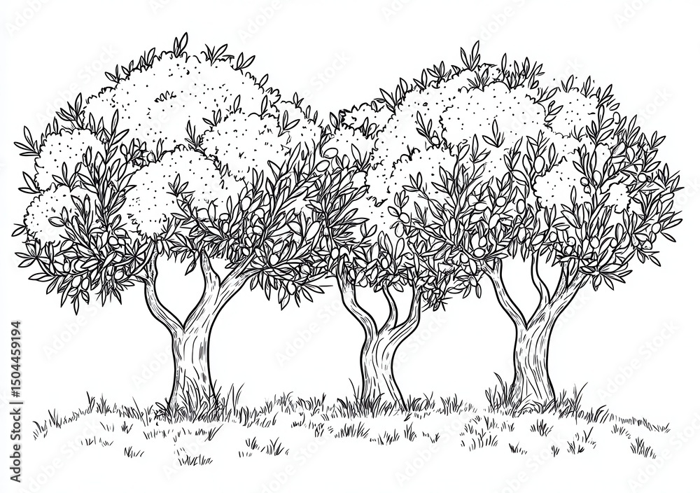 Fototapeta premium Three Olive Trees Line Drawing