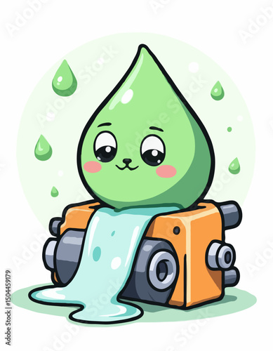 Adorable Verdant Goo Creature Joyfully Emerging from a Saffron Contraption on a Light Speckled Setting