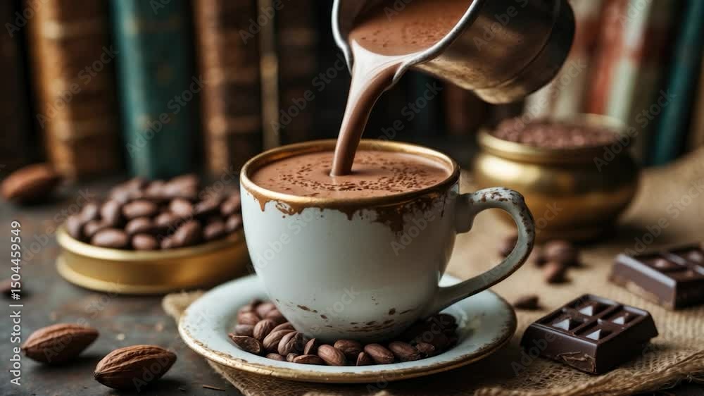 Rich hot chocolate being poured into a vintage cup, surrounded by coffee beans, almonds, chocolate bar pieces, and an antique book backdrop, creating a cozy, inviting atmosphere.