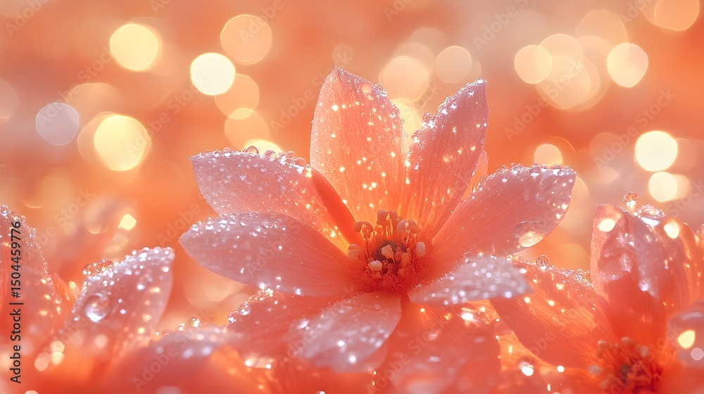 Fototapeta premium Dew-kissed peach blossoms softly illuminated by a warm, bokeh-filled background, creating a gentle, romantic atmosphere