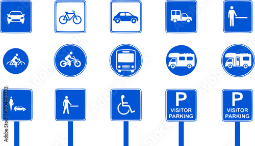 Parking sign set. Parking sign car, bicycle, motorcycle, bus, disabled person, campervan, visitor parking signboard. Vector illustration.
