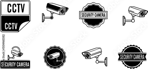 Security Camera or cctv sign, logo, badge, icon, sticker, label, emblem, stamp, symbol, black, line, flat vector, isolated illustration. Security Camera or cctv for street, home and building concept
