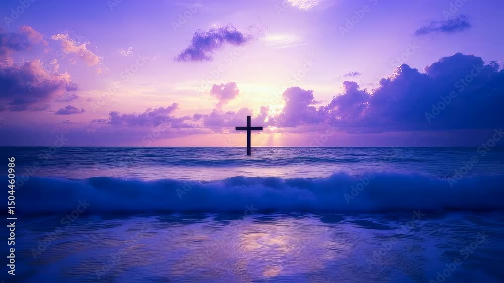 Serene ocean waves with religious cross at sunset perfect for reflection Serene ocean waves with religious cross at sunset perfect for reflection