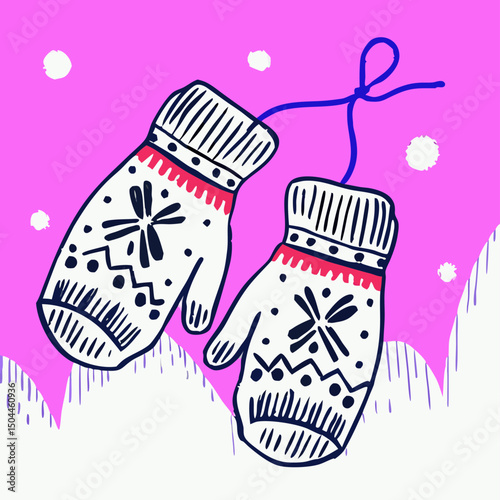 Cute Knit Winter Mittens Hanging Illustration