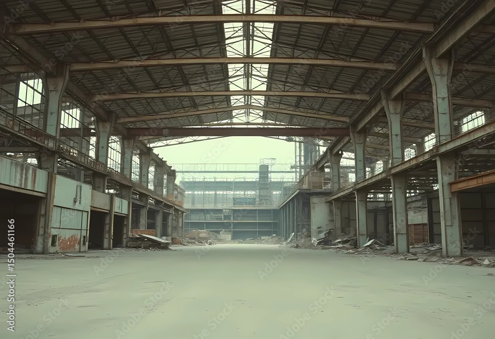 Obraz premium A post-industrial landscape with the geometry of abandoned architecture. Cold, ochre and rusty red colors, creating a sense of time stopped in space. Emphasizes the aesthetics of emptiness and urbanis