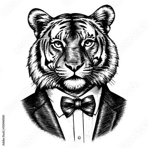 Anthropomorphic Tiger in Suit and Bow Tie in a black and white vintage woodcut engraved ink style. Hand drawn illustration.