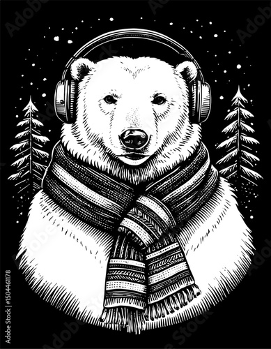 Anthropomorphic Polar Bear with Headphones and Patterned Scarf Against Black Background with