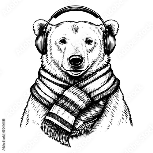 Anthropomorphic   Polar Bear Wearing Headphones and Scarf in a black and white vintage woodcut engraved ink style. Hand drawn illustration.