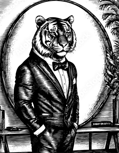 Anthropomorphic   Tiger in Tuxedo Posing Formally with Hands in Pockets in a black and white vintage woodcut engraved ink style. Hand drawn illustration.