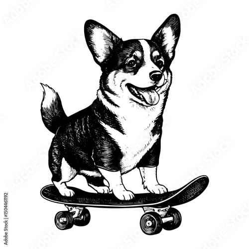 Corgi Dog on Skateboard with Tongue Out in a black and white vintage woodcut engraved ink style. Hand drawn illustration. photo