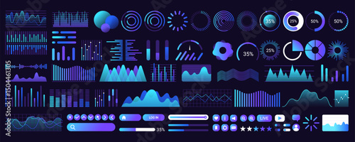 Blue UI dashboard elements, infographic graph and data charts, futuristic control panel set. Circle indicator, button and progress bar with gradient effect, analytics visualization vector illustration