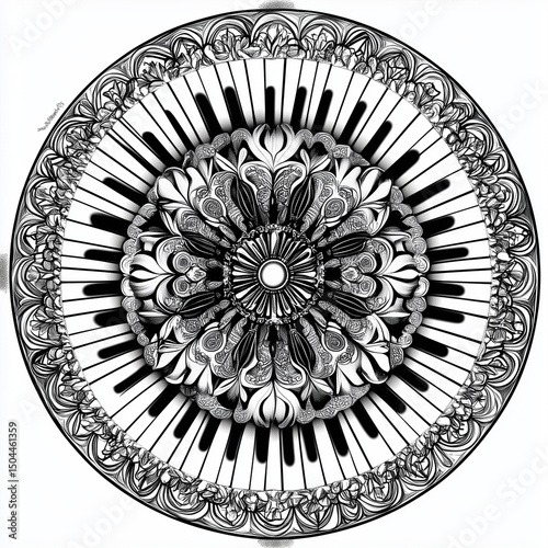 Mandala pattern featuring piano keys in black and white design  